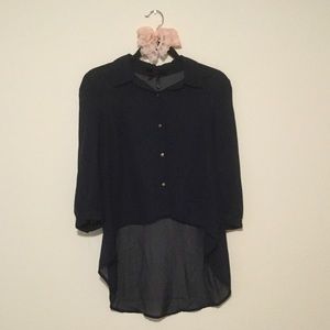 Navy Blue Hi-low Button Down Sheer Blouse Top